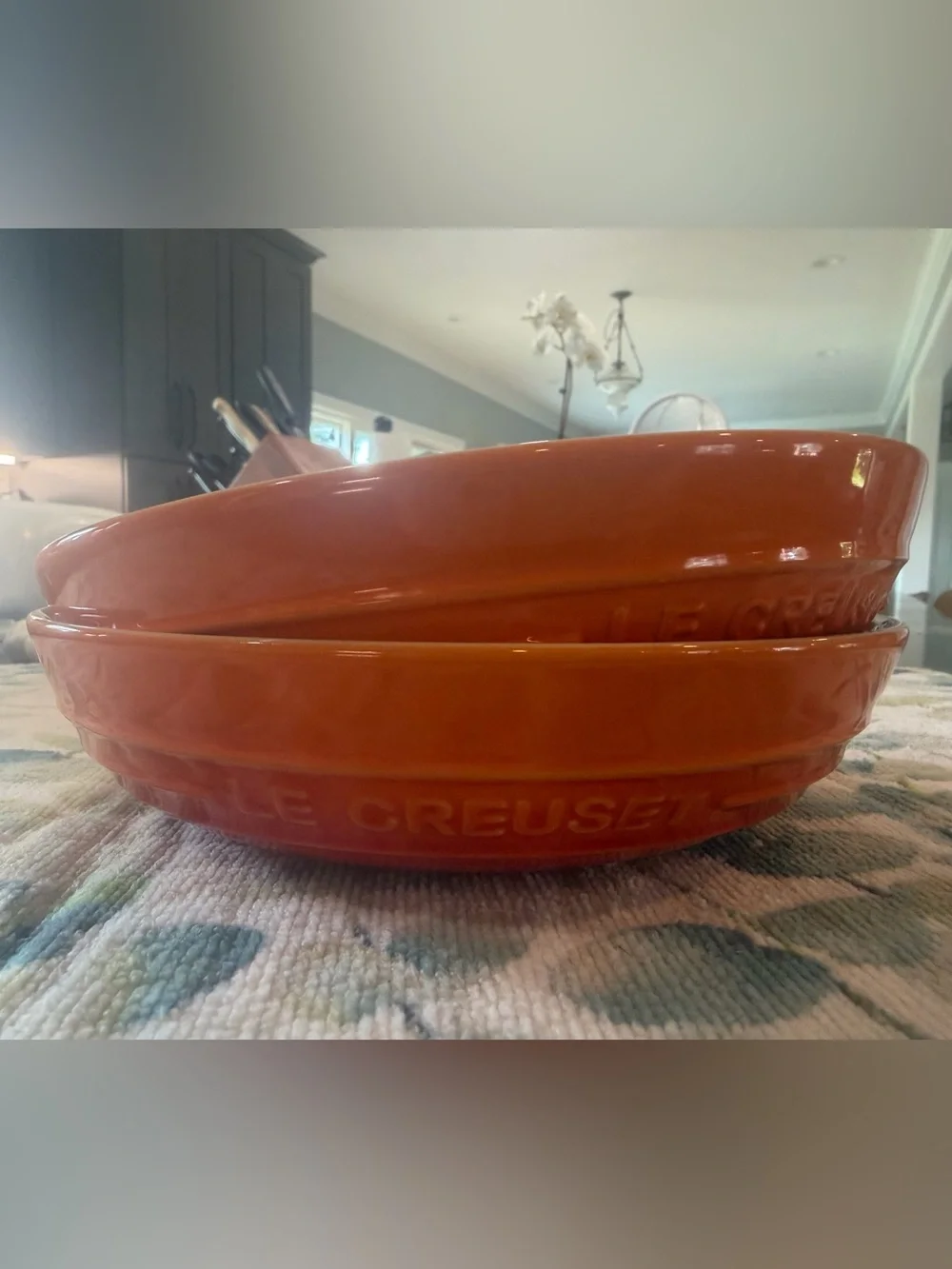 NEW Le Creuset Pasta Bowls Deep Round Dish 20cm Flame Orange Stoneware Set of 2